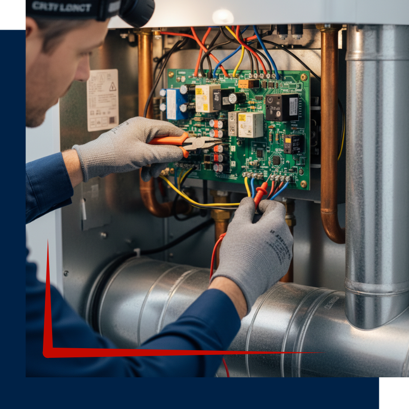 Technician working on the wiring of a furnace