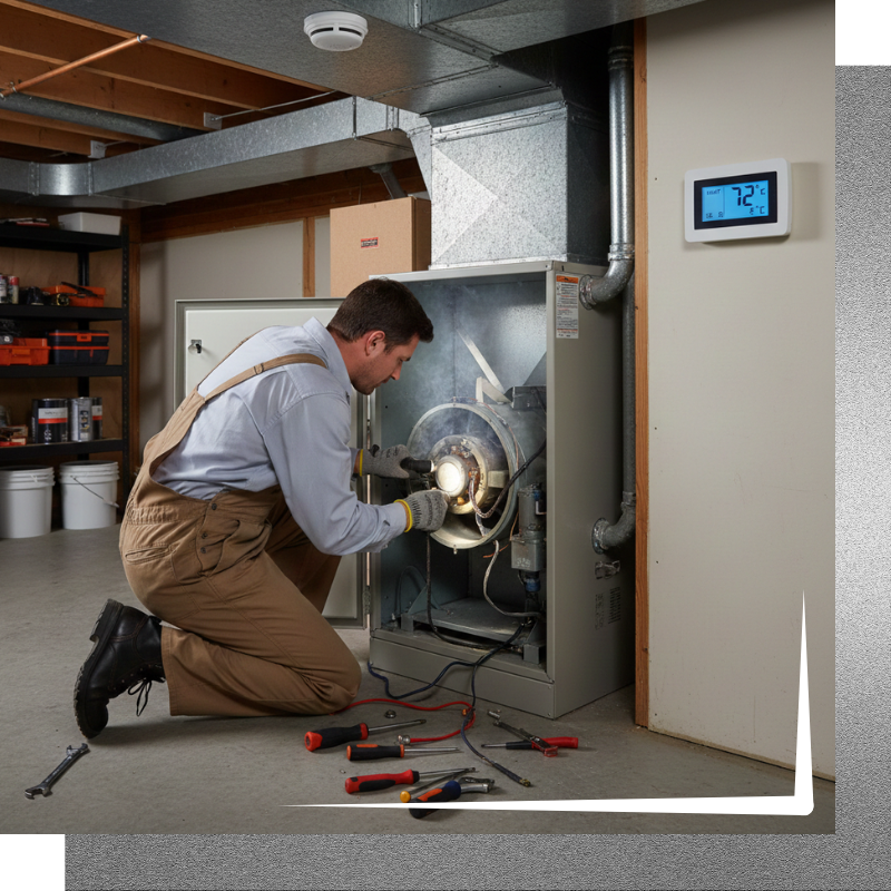 A technician repairing a furnace blower