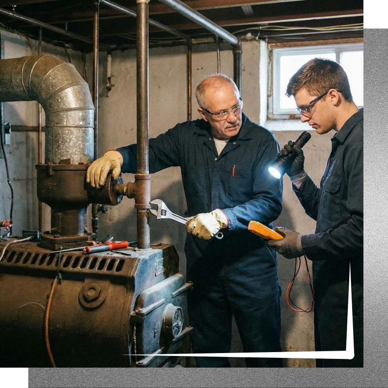 two heating technicians working together on a boiler system