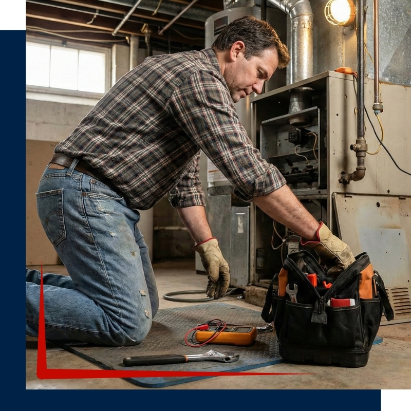 a technician kneeling by a furnace to begin work