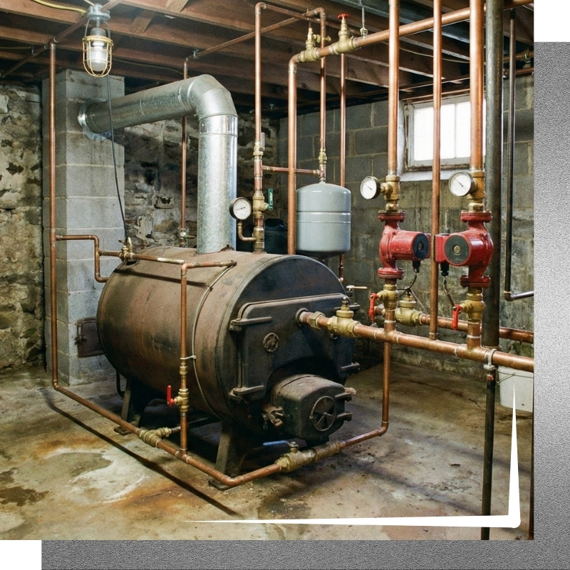 mechanical room with a floor boiler