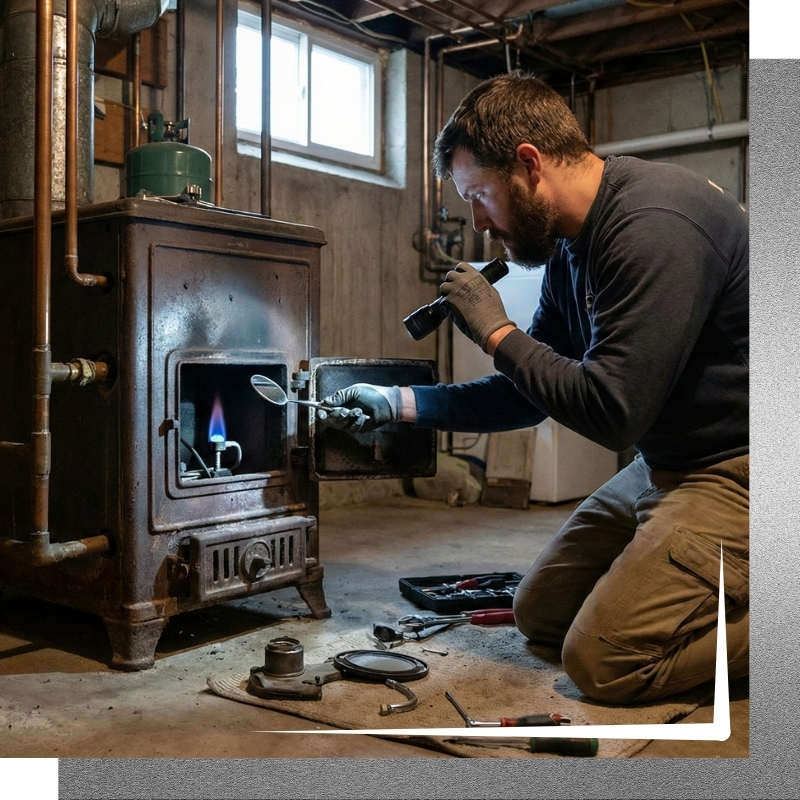 a technician inspecting a pilot light